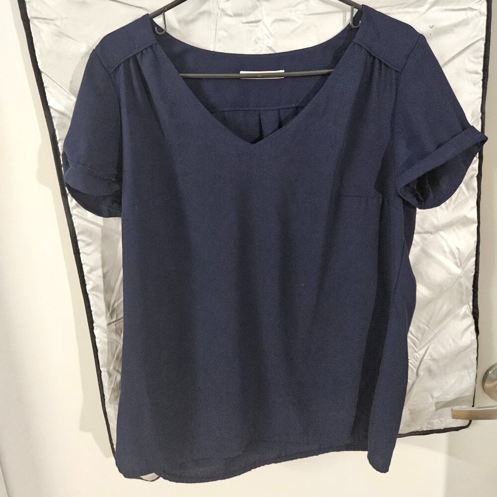 Navy Button-Up Blouse with Mini Dot Pattern